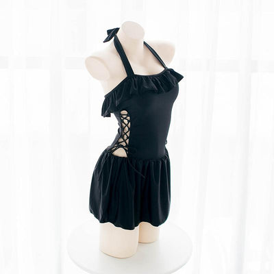 Japanese Summer Black Ruffle Cross Strings One Piece Swimsuit Swim Suit SD01993