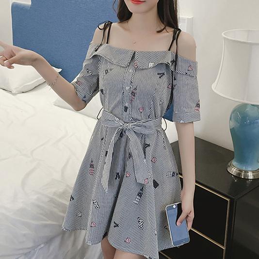 Black/White Striped Shoulder-less Dress SD00126