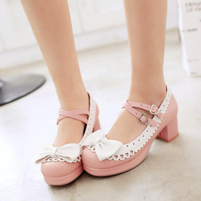 Harajuku Japanese Bow Lace Heart Strap Short Heels Shoes SD01997