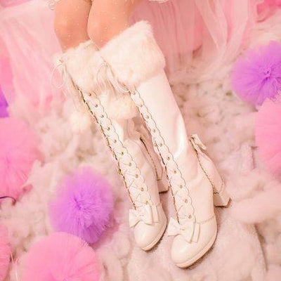 Sweet Pink/White Bow Tie Rabbit Fur High Heeled Boots Shoes SD01548