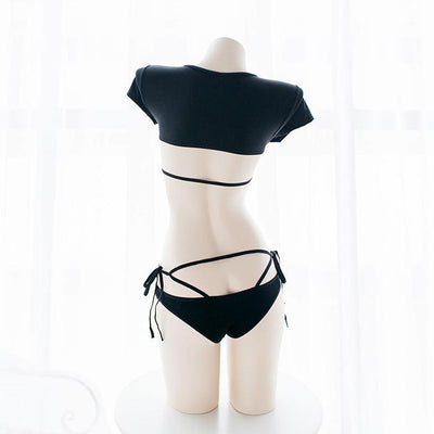 Sexy Black Strings Strappy Crop Top Micro Bikini 2 Piece Swimsuit Swim Suit Lingerie SD00832