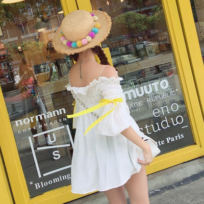 Korean summer sweet princess white shoulder less dress SD00932