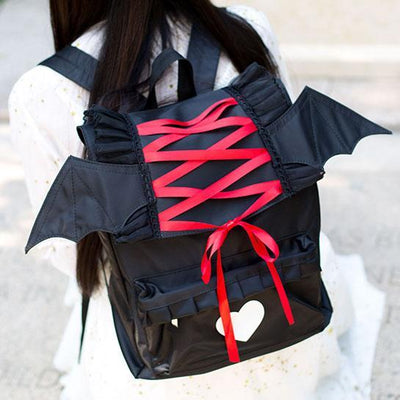 Japanese Harajuku Gothic Black Red Ribbon Bat Heart Backpack SD01013