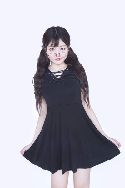 Japanese harajuku black slim v-neck dress SD01071