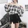 Punk Plaid Shoulder-less Top + Shorts Set SD00249