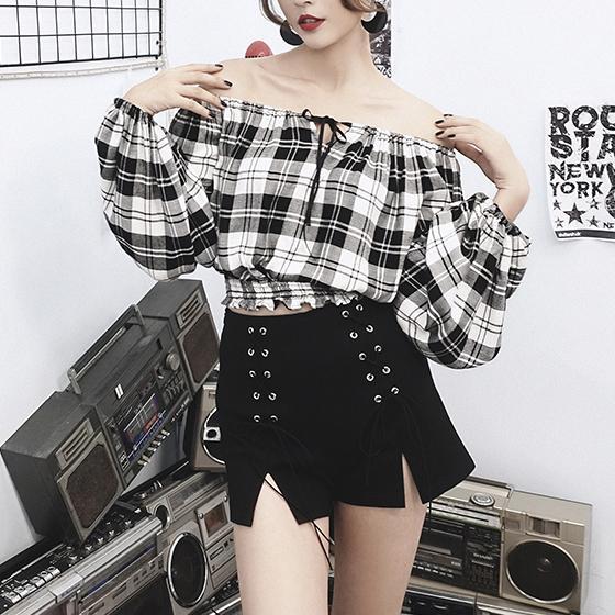 Punk Plaid Shoulder-less Top + Shorts Set SD00249
