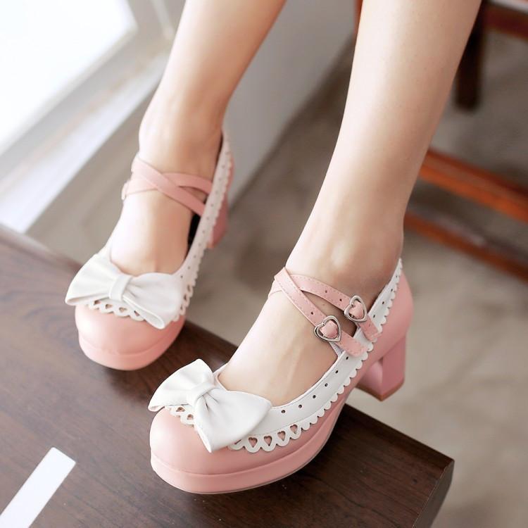 Harajuku Japanese Bow Lace Heart Strap Short Heels Shoes SD01997