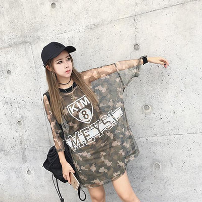 Camouflage Army Green Round Neck Mesh Vest Dress SD00855