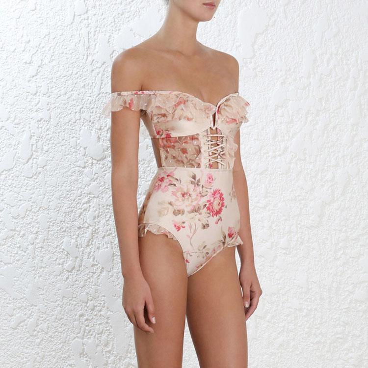 Vintage Floral Ruffle Strap Strings Bustier Swimsuit SD00542