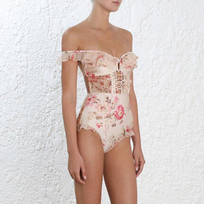 Vintage Floral Ruffle Strap Strings Bustier Swimsuit SD00542