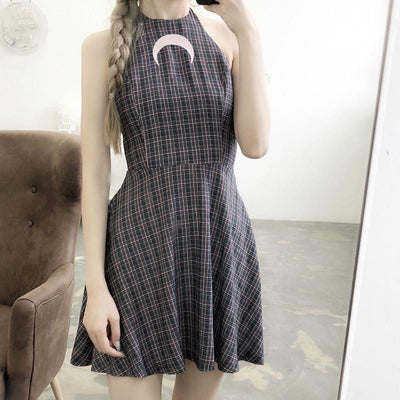 Grey Plaid Moon Sleeve-less Dress SD00095