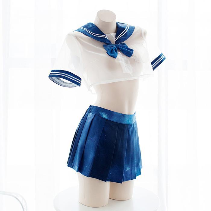 Sexy Transparent Sheer Galaxy Blue Sailor Short School Uniform Lingerie SD00167