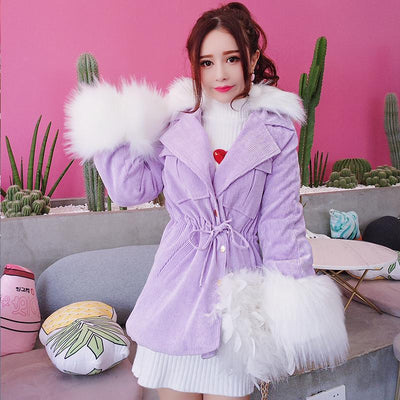 Korean Winter Warm Purple Fur Cuffs Collar Coat SD01557