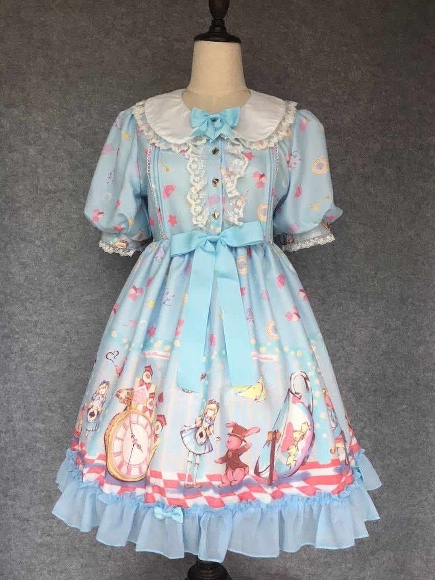 Cute Lolita Alice Wonderland Printed Doll Collar Sleeveless Bow Dress SD01840
