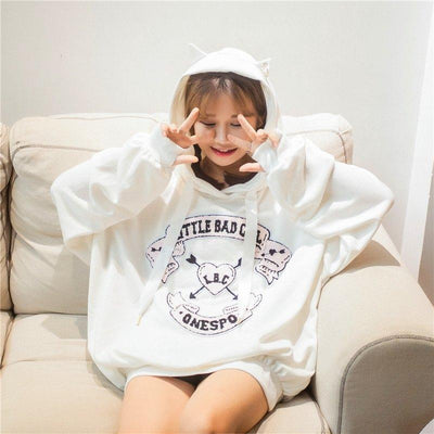 Little Bad Girl Black/White Cat Ear Hoodie Loose Sweater SD01643