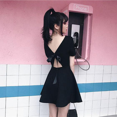 Japanese Summer Black Backless Ribbon Bow Dress SD01192