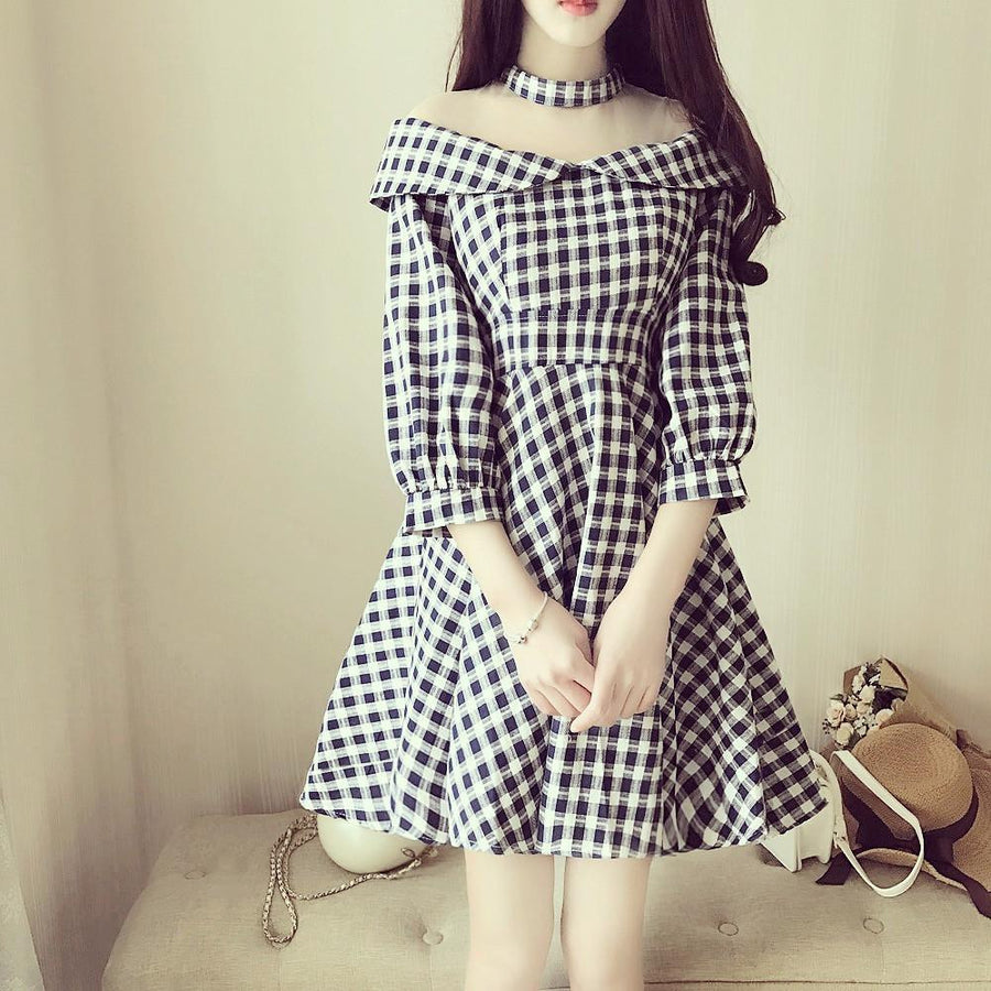 Korean Black&White Grid Dress SD02448