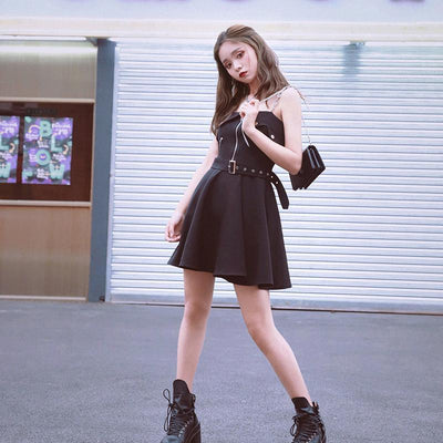 Black Shoulder-less Zipper Chain Strap Summer Dress SD01333