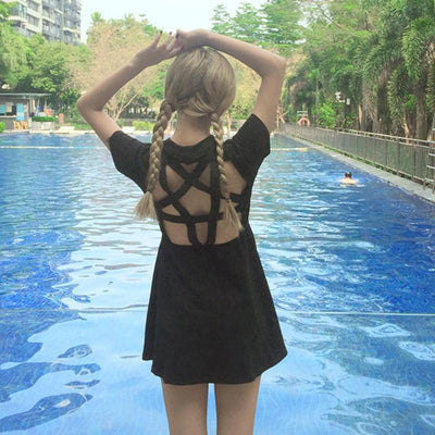 Black Back Side Pentagram Cut Out Dress SD00050