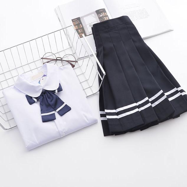 White Blouse Dark Blue Bow Long Sleeved School Uniform SD00106