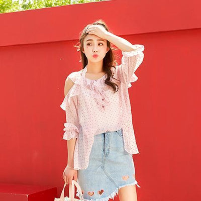 Pink Heart Thin Blouse Shoulder-less Chiffon Shirt SD00025