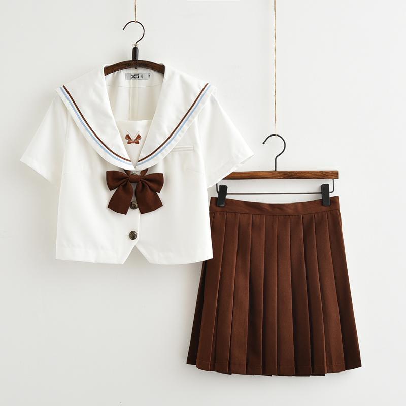 Japanese brown/white sailor bow embroidered school uniform t-shirt/skirt SD00851