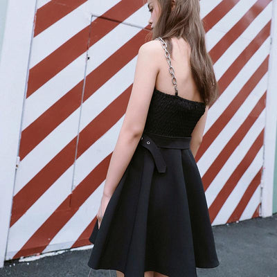 Black Shoulder-less Zipper Chain Strap Summer Dress SD01333