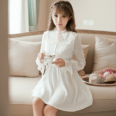 Japanese Autumn Slim embroidered chiffon long sleeves dress SD00664