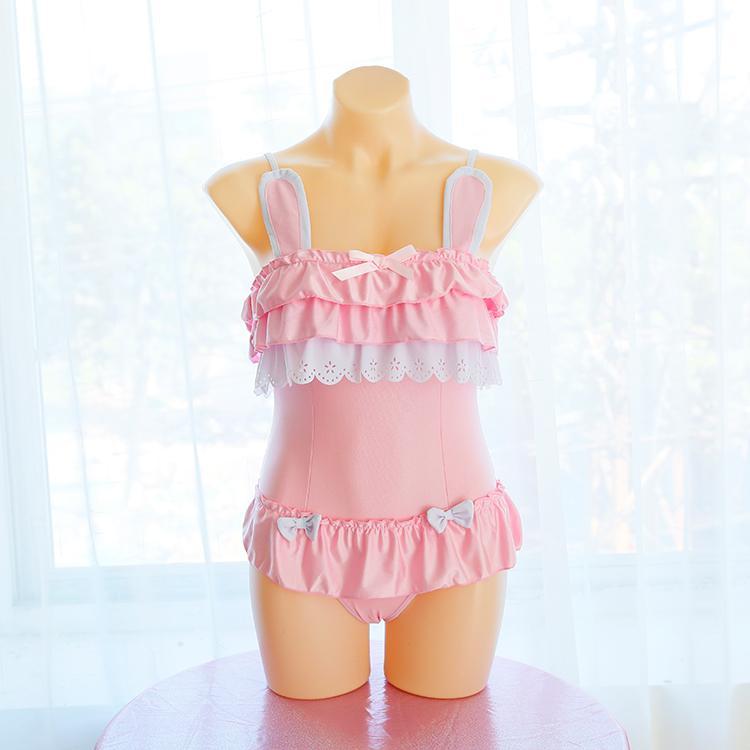 Japanese Cute Pink Bunny Ruffle 1 Piece Swimsuit SD02471