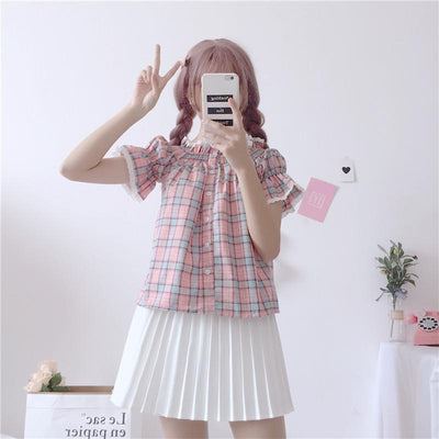 Plaid Pumpkin Sleeve Blouse Shirt SD00256