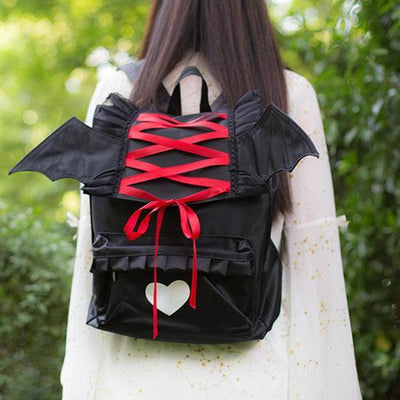 Japanese Harajuku Gothic Black Red Ribbon Bat Heart Backpack SD01013