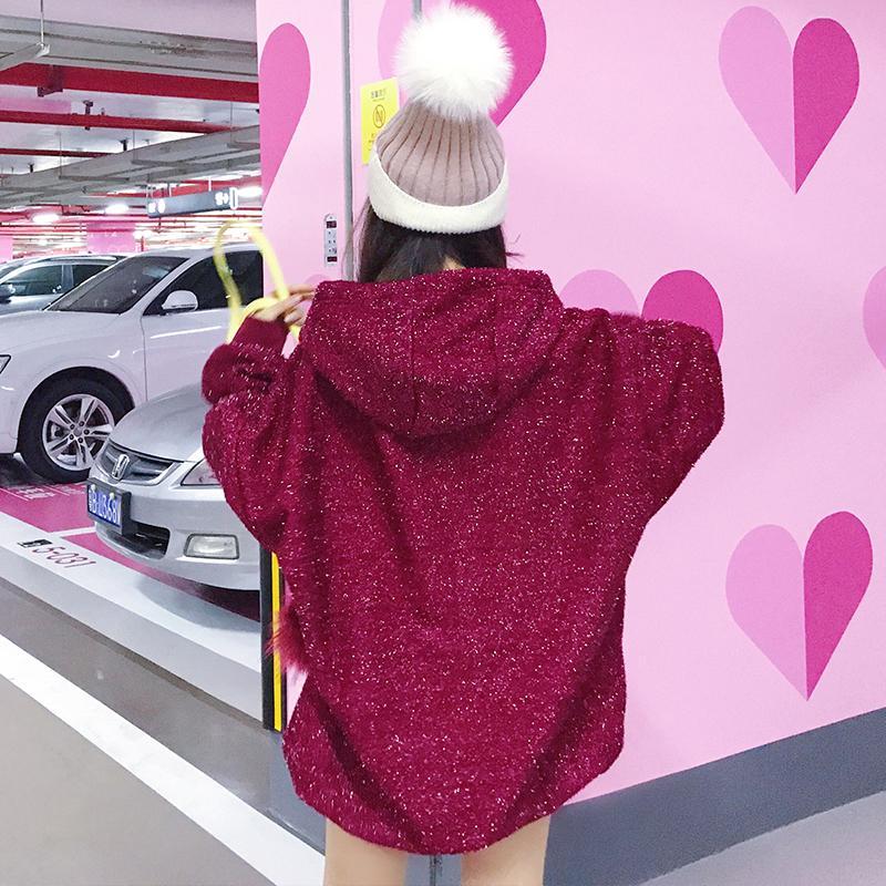 Korean Red Fur Ball Loose Long Hoodie Sweater SD01551