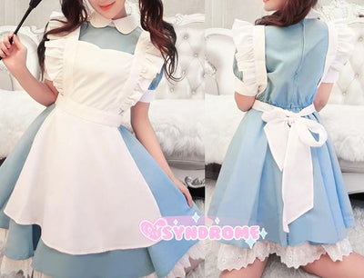 Pastel Light Blue White Collared Maid Dress Halloween Costume Cosplay SD84623