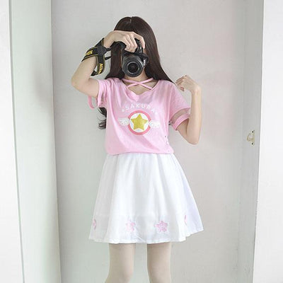 Cardcaptor Sakura Pink Star Winged Printed T-shirt Sakura Skirt SD01226