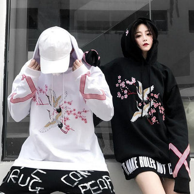 Cherry Blossom Stork Loose Hoodie Sweater SD00289