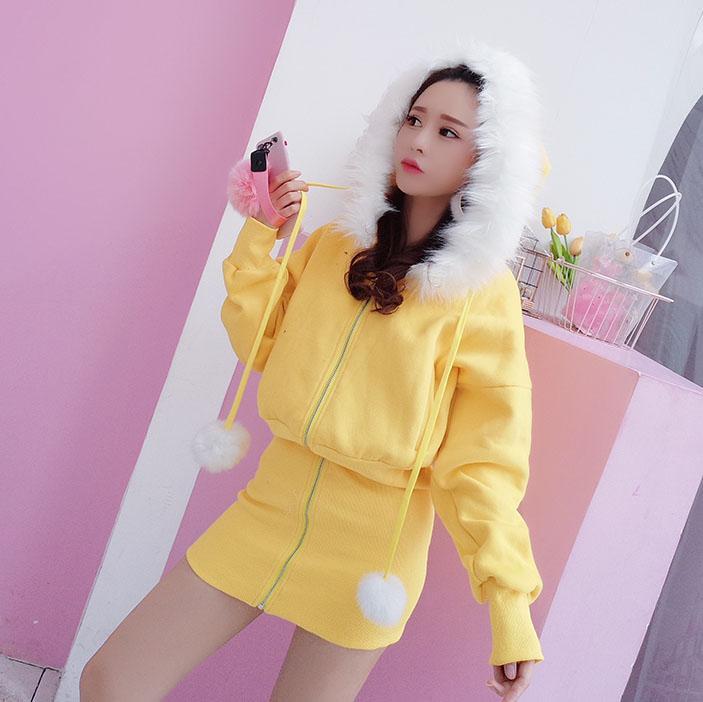 Fur Hoodie Zipper Sweater Dress SD00264