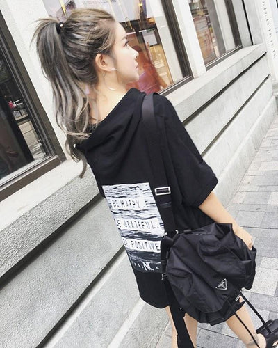 Korean Summer Fashion Black Loose Printed Hoodie T-shirt SD00921