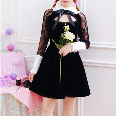 Japanese Sweet Black Lace Sleeve Ribbon Dress SD01247