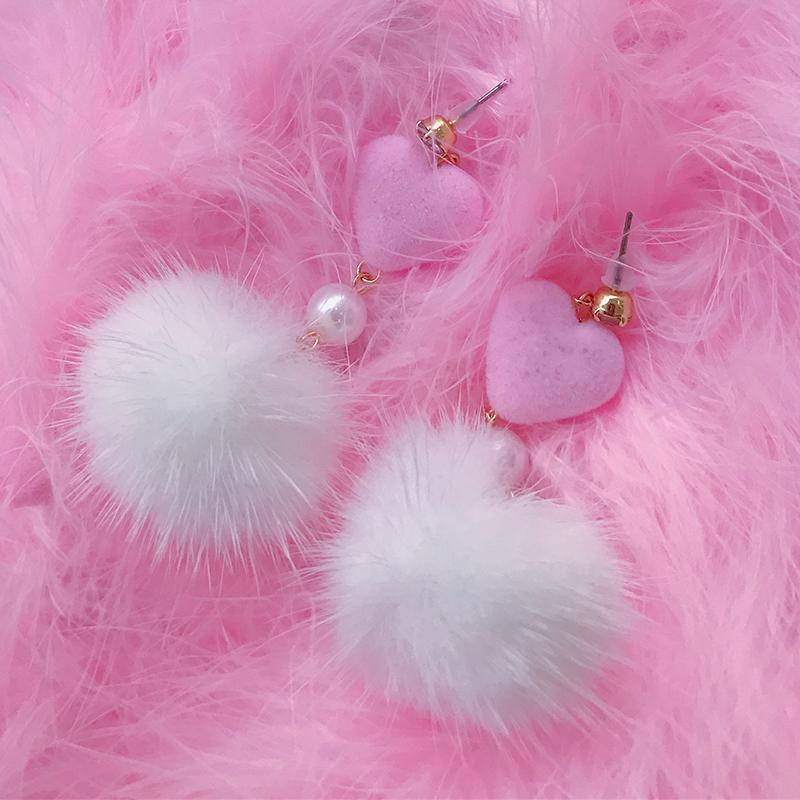 Korean Cute Fur Ball Heart Earrings SD01565