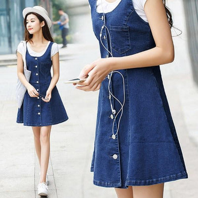 Blue Denim Front Pocket Strap Dress SD00445