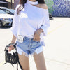 Korean summer white/black shoulder long sleeve shirt SD00926