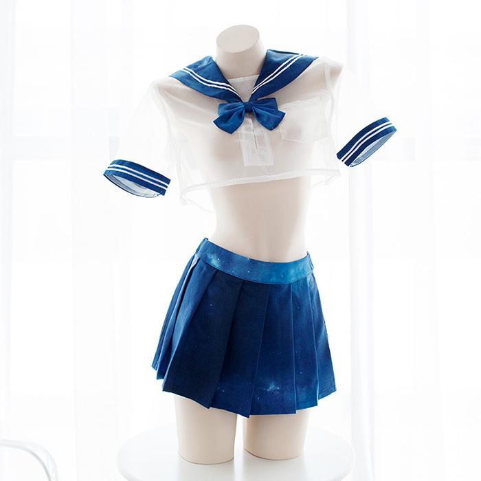 Sexy Transparent Sheer Galaxy Blue Sailor Short School Uniform Lingerie SD00167