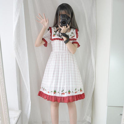 Strawberry Cherry Plaid Summer Dress SD01043