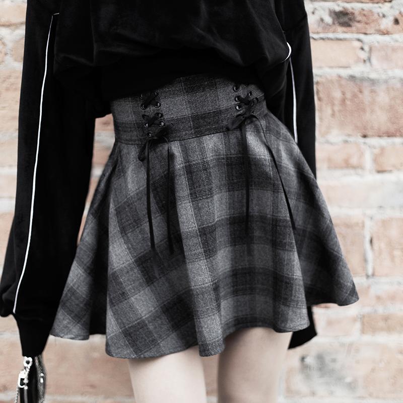 Dark Grey High Waist Plaid Cross Skirt SD00255