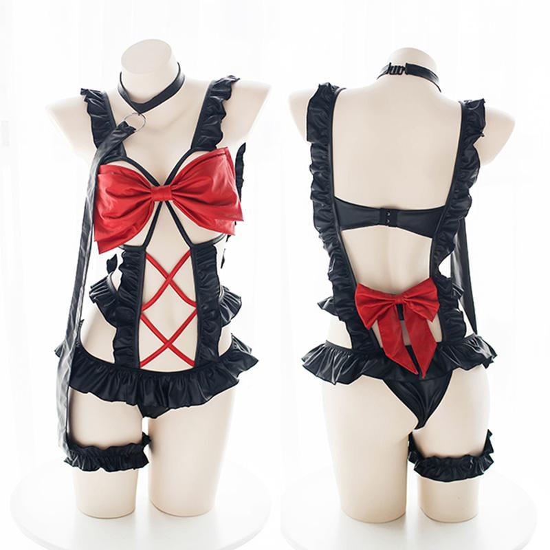 Japanese Sexy Black and Red Ruffle Maid Bow 3 Set Lingerie SD01722