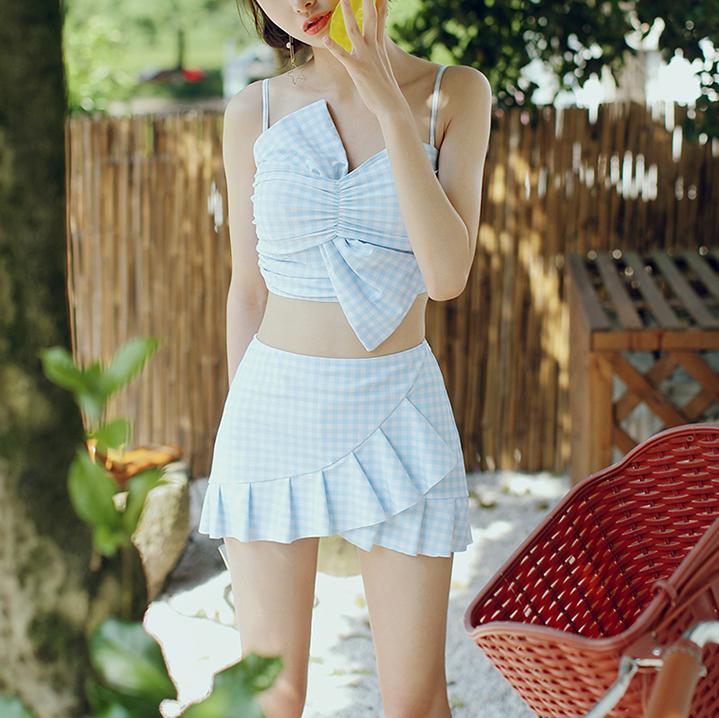 Japanese Summer Plaid Ruffle Two Piece Swimsuit SD02336