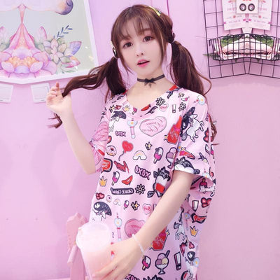 Japanese Harajuku Cute Printed Graphic Oversized Loose Long T-shirt SD01734