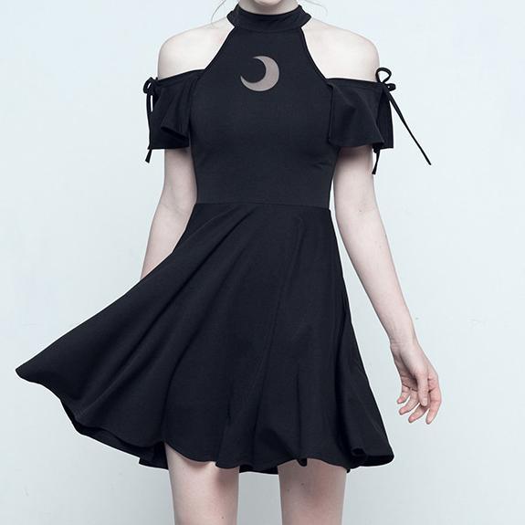 Japanese Harajuku Black Collared Crescent Moon Dress SD01792