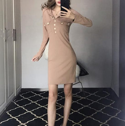 Korean Autumn Winter Button Slim Dress SD01288