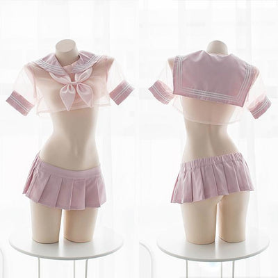 Japanese Sexy Transparent Sheer Pink Sailor Short School Uniform Lingerie SD01983